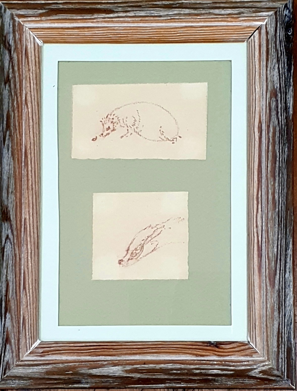 Norman Orr (Scottish glass engraver) sketches of hedgehog and badger, framed with label to reverse