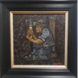 Original Framed Signed Robert Olley Oil Painting Titled "Testing for Gas", 16.5 inches x 16.5 inches