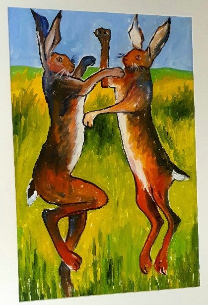 Original Framed and Glazed Painting of Boxing Hares by Venus Griffiths, 27 inches x 21 inches