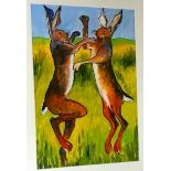 Original Framed and Glazed Painting of Boxing Hares by Venus Griffiths, 27 inches x 21 inches