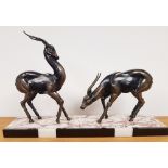 1940 French Art Deco Table Centrepiece in banded marble and spelter with two horned antelope figures