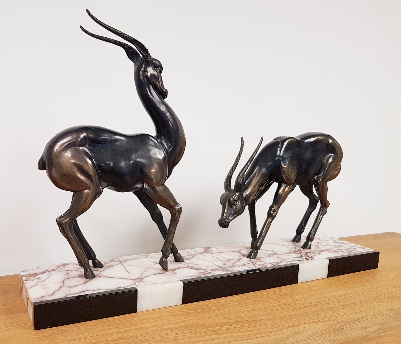 1940 French Art Deco Table Centrepiece in banded marble and spelter with two horned antelope figures - Image 2 of 4