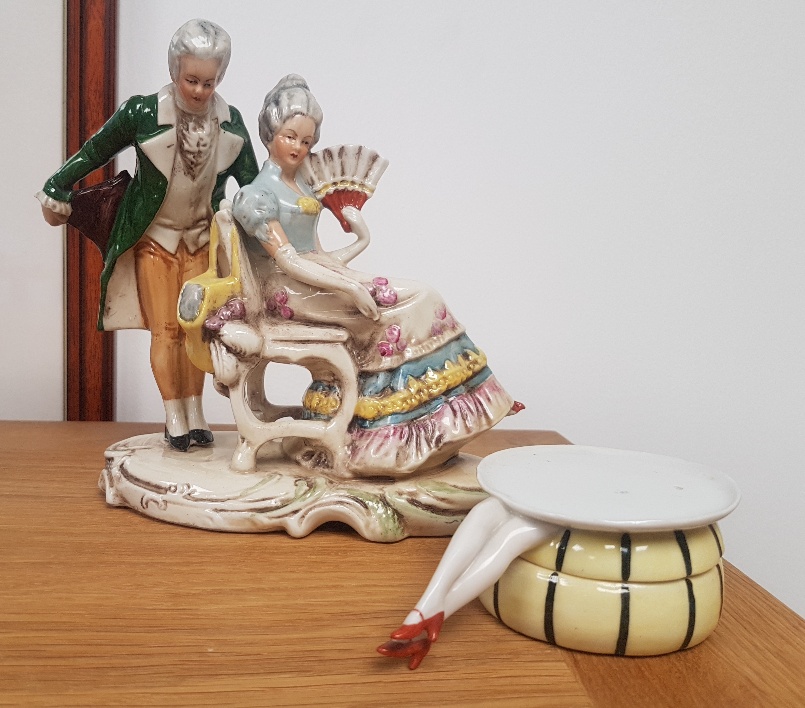 German Figural Display Piece with marking to base with novelty Germany trinket bowl and lid