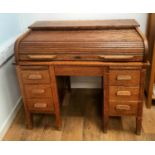 Early 20th Century Tambour Oak Roll Top Desk on Two 3-Drawer Pedestals