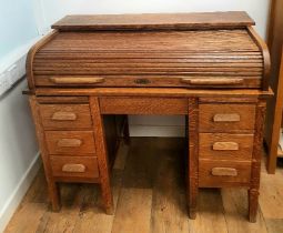 Early 20th Century Tambour Oak Roll Top Desk on Two 3-Drawer Pedestals