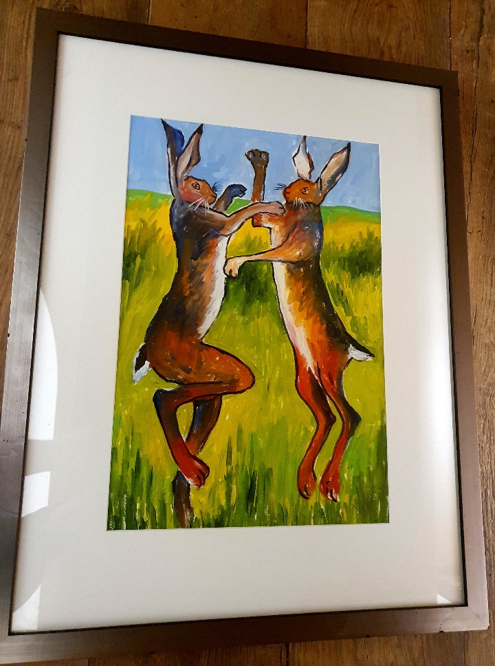 Original Framed and Glazed Painting of Boxing Hares by Venus Griffiths, 27 inches x 21 inches - Image 2 of 3