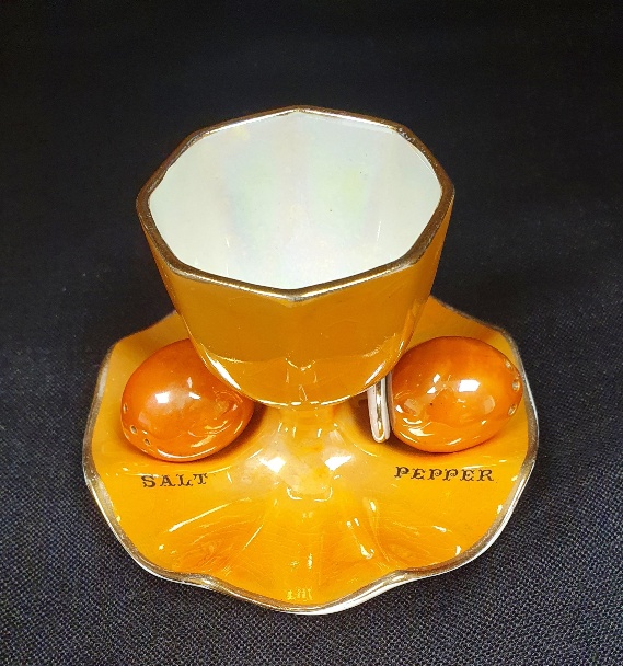 Rare Carlton Orange Ware Lustre Egg Cup and Salt and Pepper Shakers, circa 1926 - Image 2 of 3