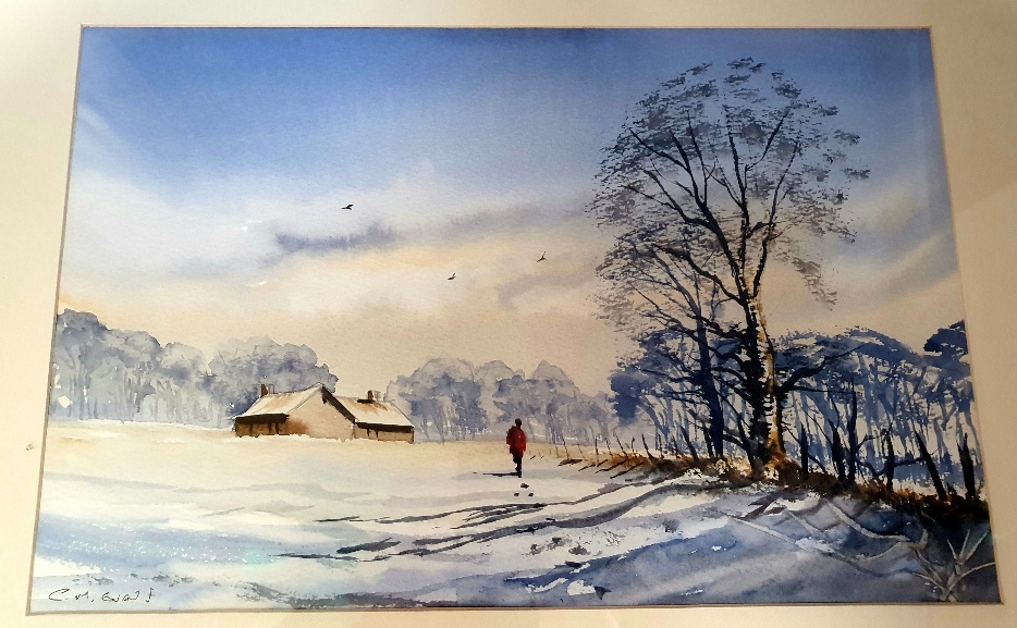 C M Evans Framed, Glazed and Signed Watercolour of a snowy landscape, 27 inches x 21 inches