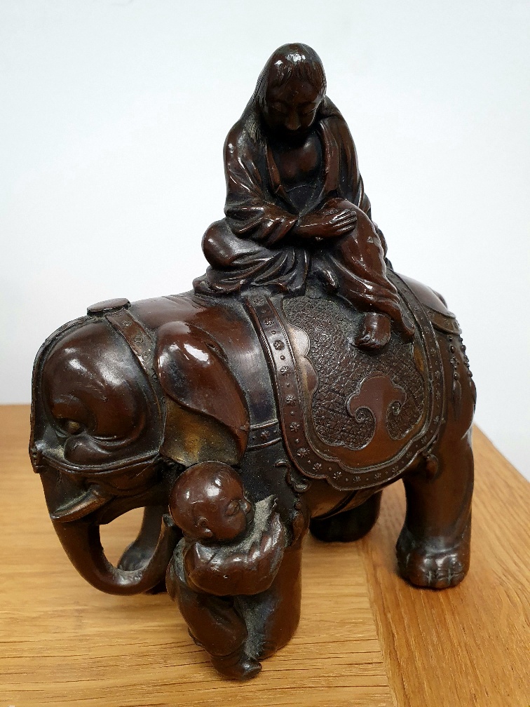 Japanese Meji Period Bronze of Elephant with Scholar and attendant child, 6 inches in height.