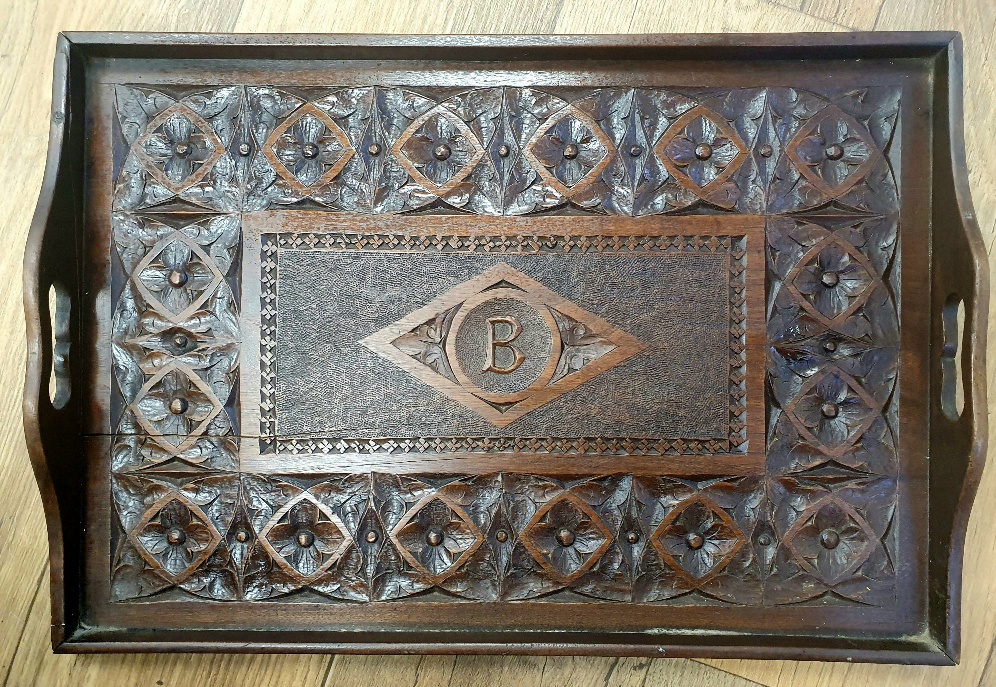 A Chip Carved Victorian Oak Tray inscribed with the letter "B"