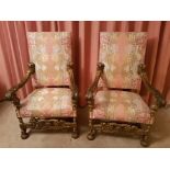Pair of Large Carved Walnut Gothic Throne Chairs in 17th Century Style.