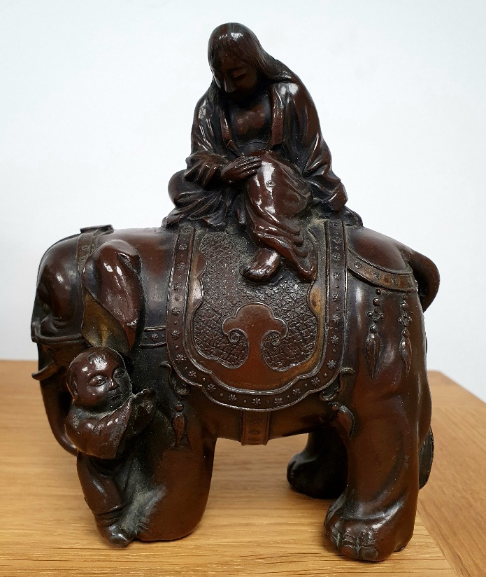 Japanese Meji Period Bronze of Elephant with Scholar and attendant child, 6 inches in height. - Image 3 of 5