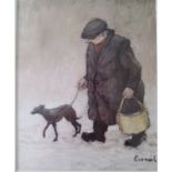 Norman Cornish Open Edition Print of Man Walking Dog, unframed but mounted.