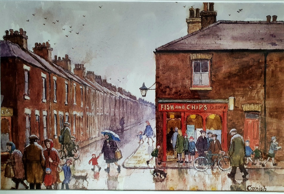 Norman Cornish Framed and Mounted Open Edition Print titled "Eddy's Fish Shop", size 23 x 17 inches
