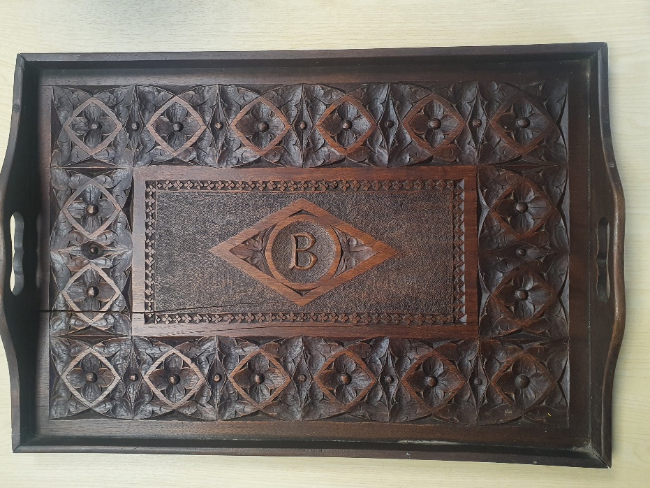 A Chip Carved Victorian Oak Tray inscribed with the letter "B"