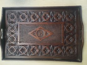 A Chip Carved Victorian Oak Tray inscribed with the letter "B"