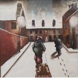 Lou Harris Large Original Oil on paper titled Teddy on his Sledge, measuring 44 inches x 44 inches