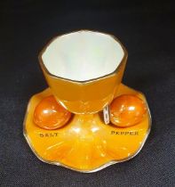 Rare Carlton Ware Orange Lustre Egg Cup and Salt and Pepper Shakers, circa 1926