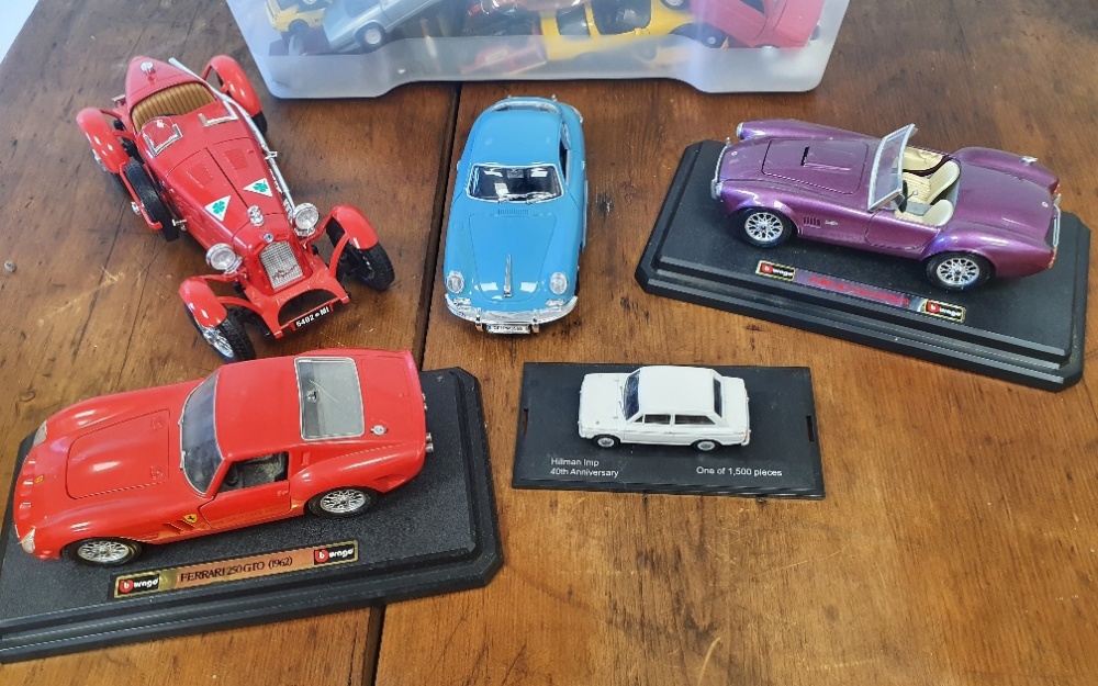 A Mixed Box of various Model Cars, some on stands