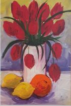 Venus Griffiths framed and signed oil painting of Tulips in a Vase measuring 21 inches x 18 inches