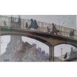 Norman Cornish Open Edition Print of People Crossing Footbridge, unframed but mounted