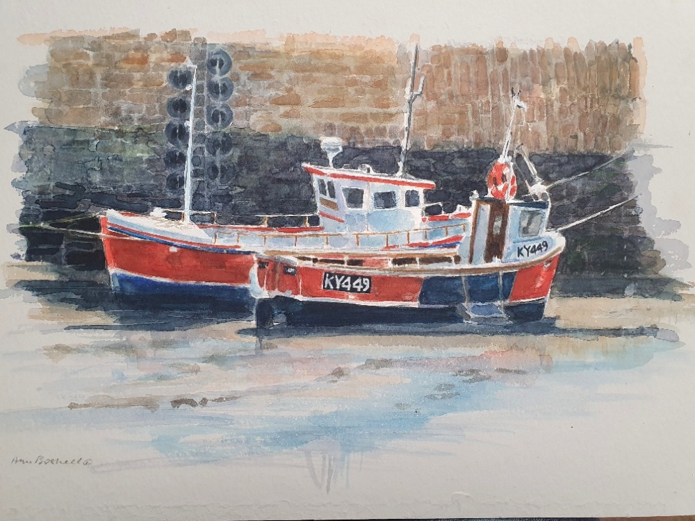 Ann Boswell Original Watercolour on Board of a Fishing Boat in the Harbour. Signed and unframed - Image 2 of 3