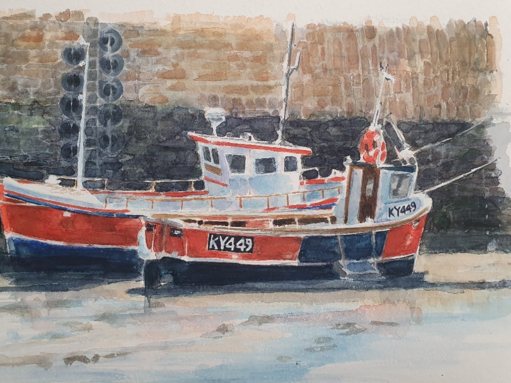 Ann Boswell Original Watercolour on Board of a Fishing Boat in the Harbour. Signed and unframed