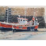 Ann Boswell Original Watercolour on Board of a Fishing Boat in the Harbour. Signed and unframed