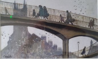 Norman Cornish Unframed Open Edition Print of People Crossing Footbridge. 12.5 inches x 9.5 inches.