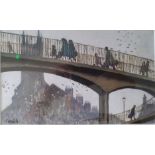 Norman Cornish Unframed Open Edition Print of People Crossing Footbridge. 12.5 inches x 9.5 inches.