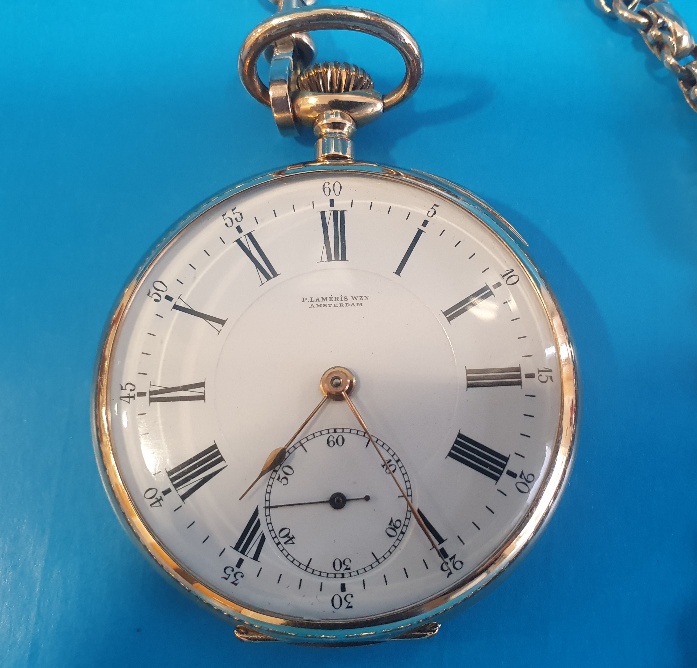 14ct Gold Cased Continental Pocket Watch with 9ct Gold Chain and Gem Stone - Total 98.72g - Image 3 of 5