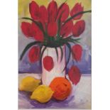 Venus Griffiths Framed and Signed Oil Painting of Tulips in a Vase. Size is 21 inches x 18 inches