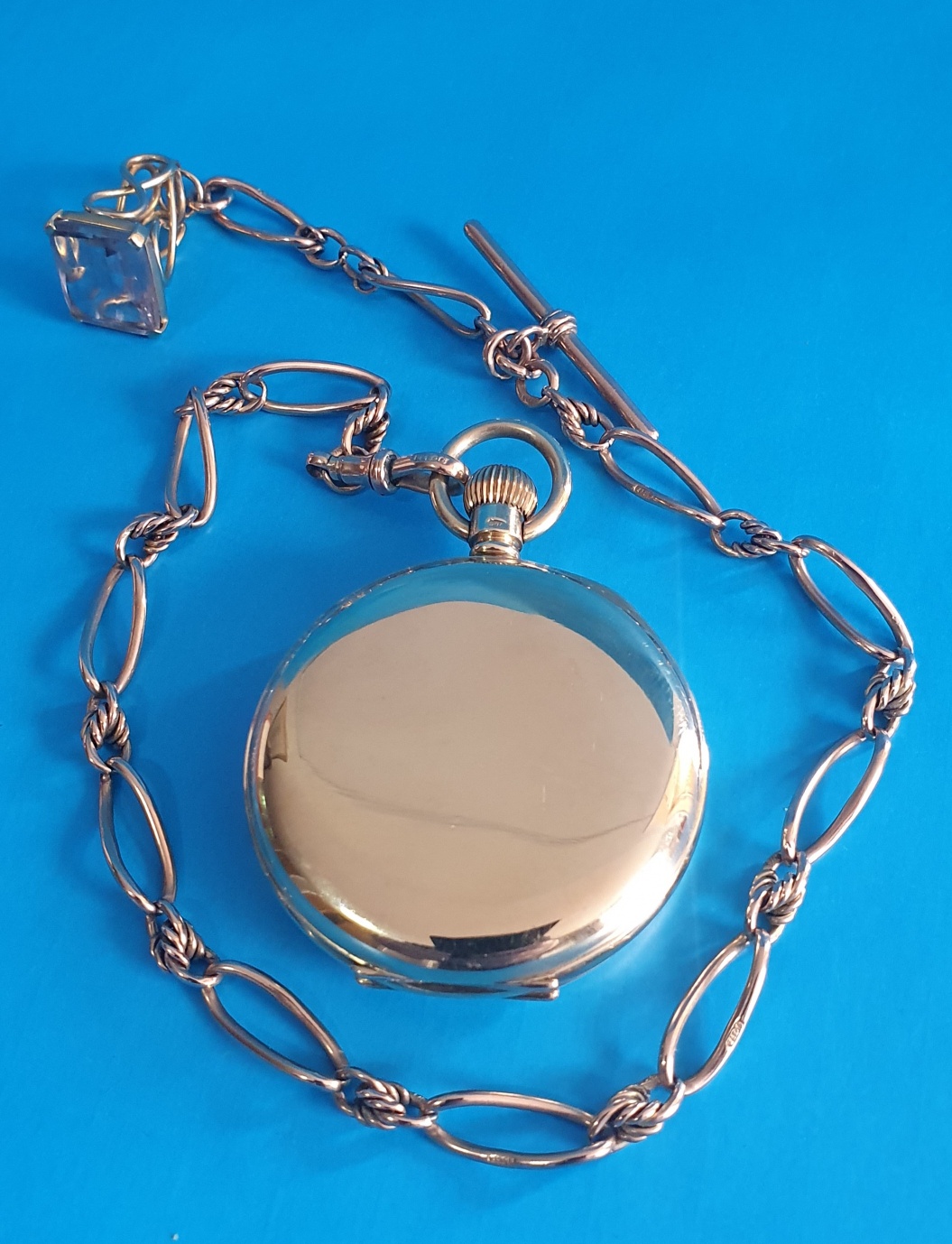 9ct Gold Record Pocket Watch with 9ct Gold Chain and Gemstone. Total weight 117.53g - Image 2 of 2