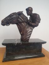 Large Contemporary Racehorse Figure with Jockey mounted on Black Marble Base.