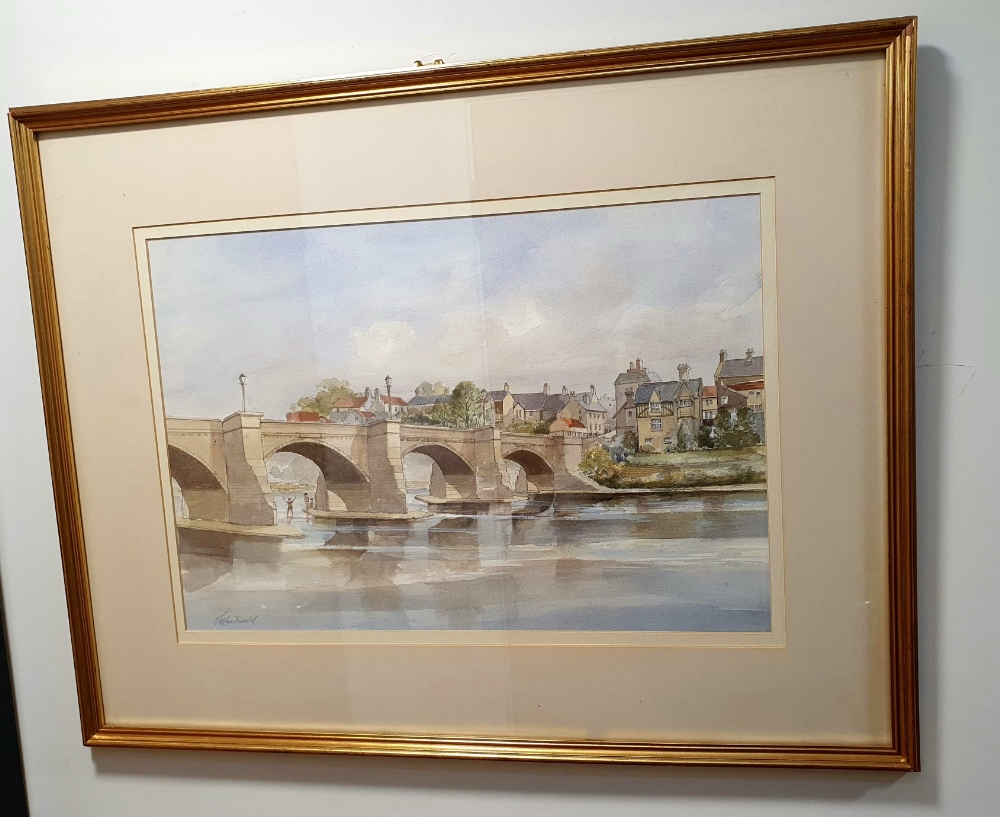 Framed and Glazed Watercolour depicting the famous bridge over the River Tyne at Corbridge, signed - Image 2 of 2