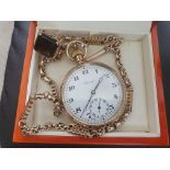 14ct Gold Cased Continental Pocket Watch with 9ct Gold Chain and Gem Stone - Total 98.72g