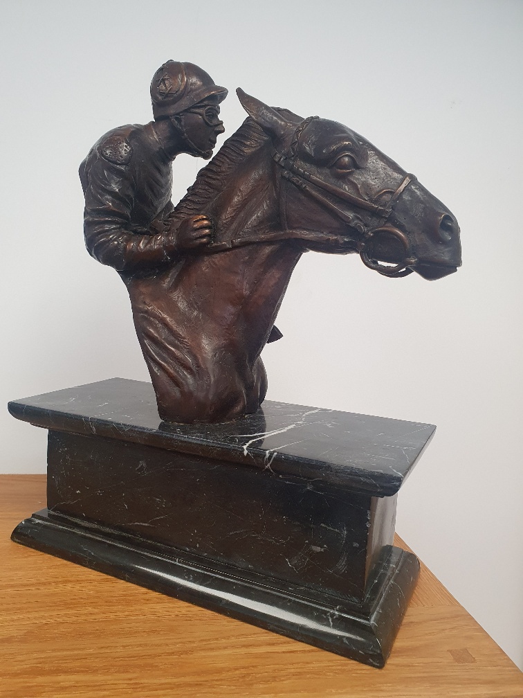 Large Contemporary Racehorse Figure with Jockey mounted on Black Marble Base. - Image 3 of 3