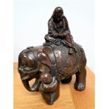 Japanese Meji Period Bronze of Elephant with Scholar and Chilid in Attendance. Size is 5 inches x 6