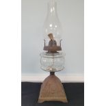 Unusual Victorian Oil Lamp with Original Chimney and Football Scenes Impressed around Base