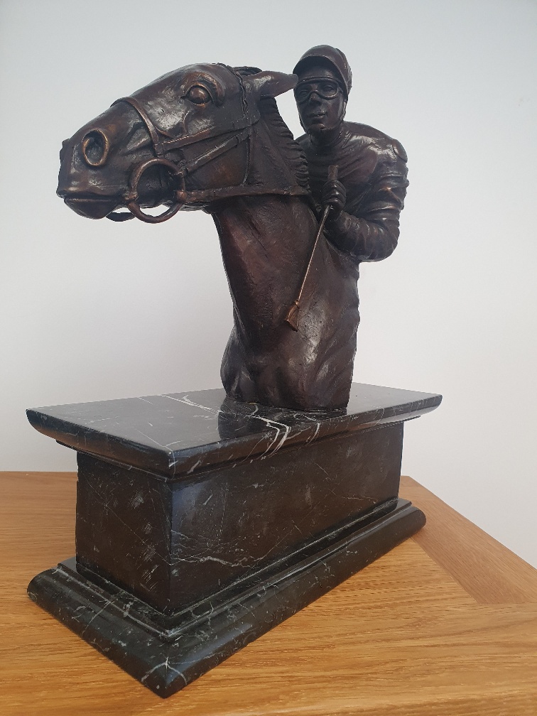 Large Contemporary Racehorse Figure with Jockey mounted on Black Marble Base. - Image 2 of 3