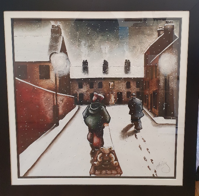 Lou Harris Large Original Oil on Paper titled Teddy on his Sledge, measuring 44 inches x 44 inches. - Image 2 of 3