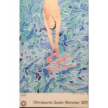 Large Framed and Glazed Signed David Hockney Munich 1972 Olympic Poster. Measures 41 x 27 inches