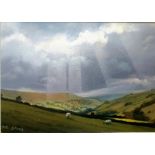 Vic Smith Watercolour of Pastoral Scene with Sunbeams Over Fields. Framed and signed, size 12 x 10