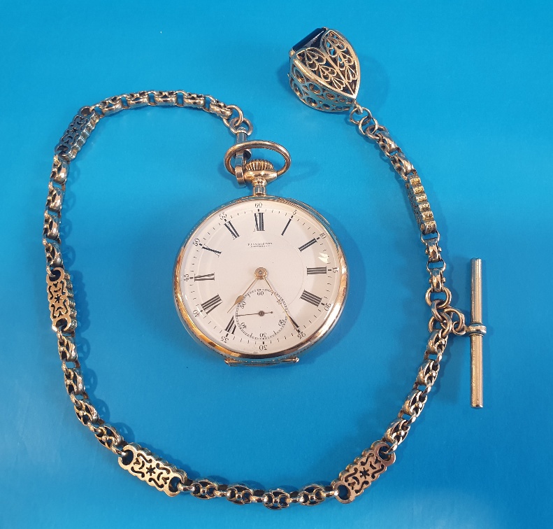 14ct Gold Cased Continental Pocket Watch with 9ct Gold Chain and Gem Stone - Total 98.72g - Image 2 of 5