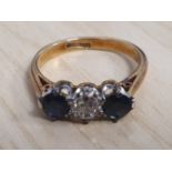 18 Carat Gold Sapphire and Diamond Three Stone Engagement Ring. Free UK Postage