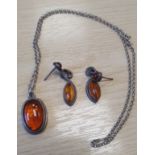 Silver Necklace and Earrings with Amber Stone Settings, some inclusions. Free UK Postage