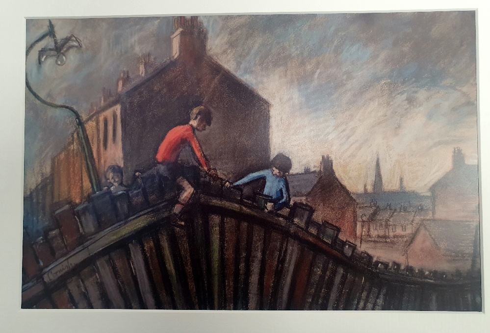 Norman Cornish Unframed Open Edition Print of Boys on Fence. Size is 15 inches x 11 inches.