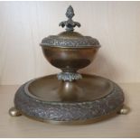 Large Victorian Brass Desk Inkwell with Hinged Lid