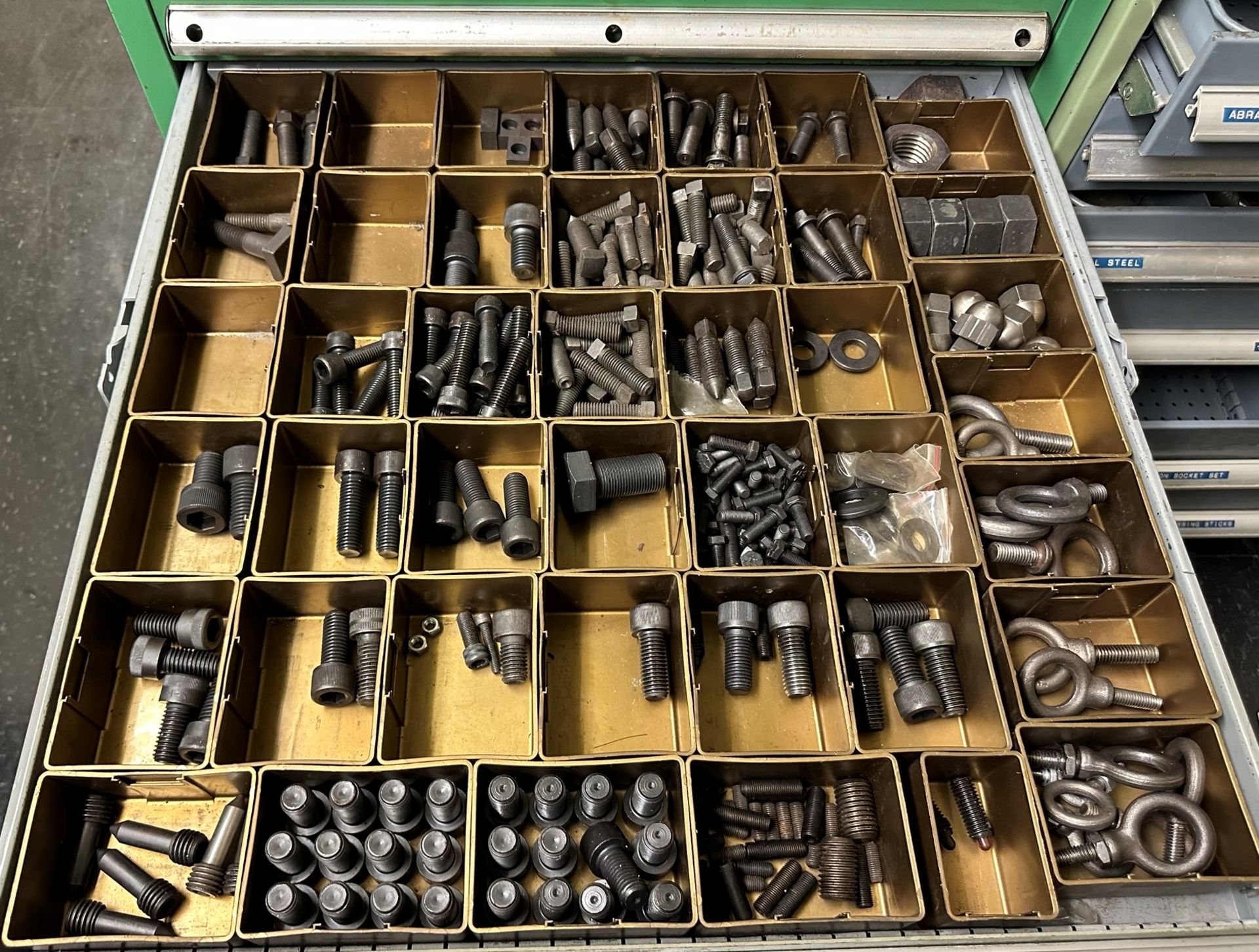 9-DRAWER TOOL CABINET, W/ CONTENTS, TO INCLUDE: CAP SCREWS, BRASS AIR FITTINGS, GRINDING WHEEL - Image 6 of 11