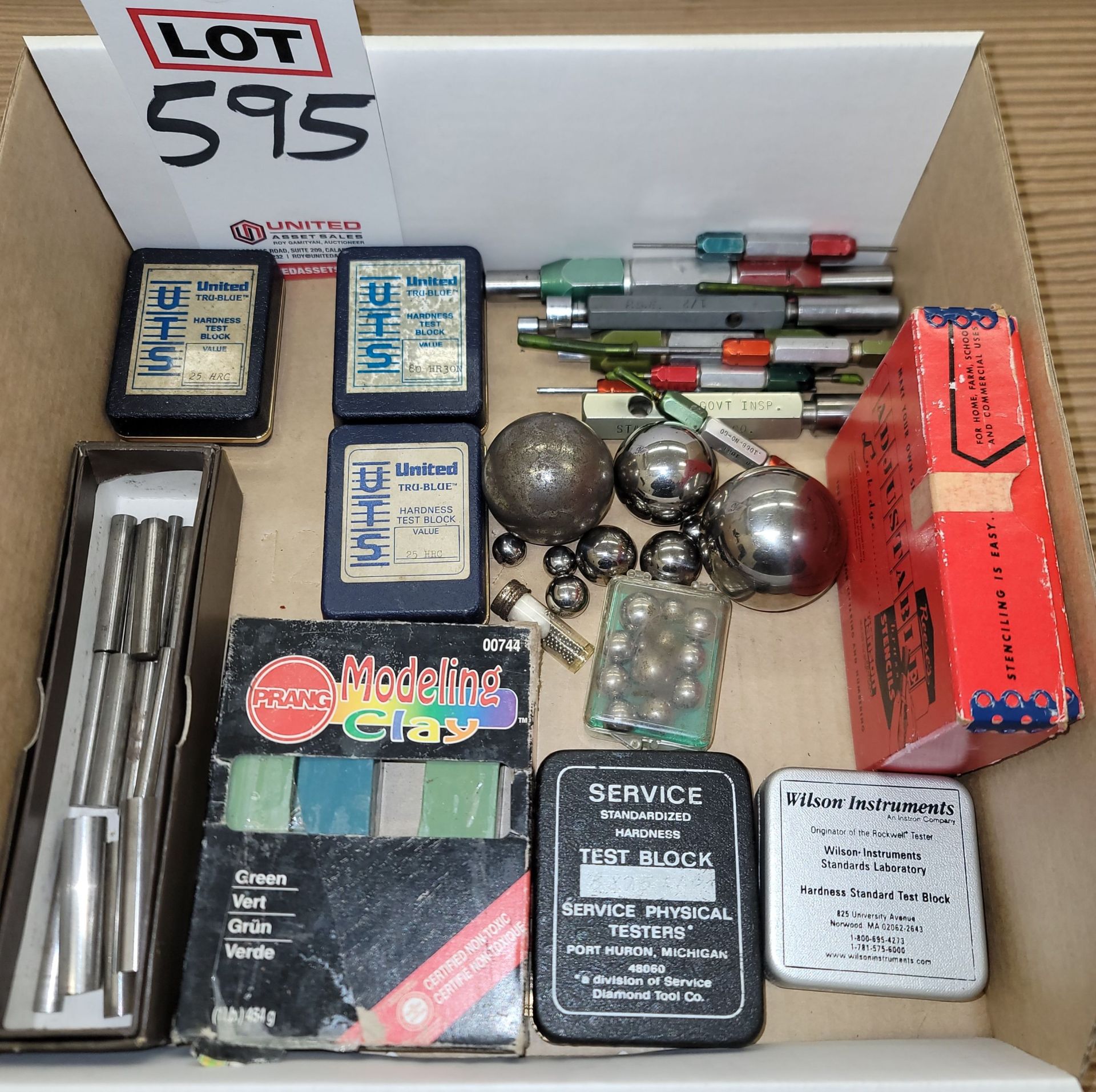 LOT - (5) HARDNESS TEST BLOCKS, PLUG GAUGES, BALL BEARINGS, PLUG GAUGES, MODELING CLAY, STENCILS,